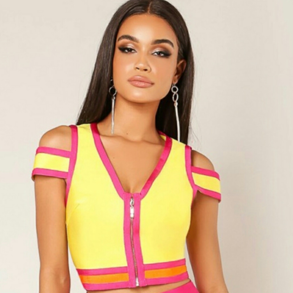 WoW Couture Bodycon Bandage Cold Shoulder Zip Crop Top Festival EDM